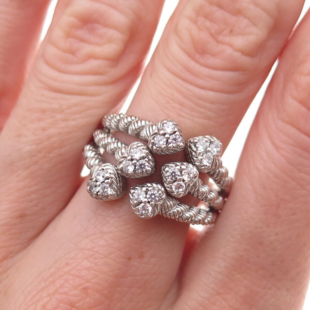 Judith Ripka 925 Sterling Silver C Z Heart 3-Row Adjustable Ring Size 7.75